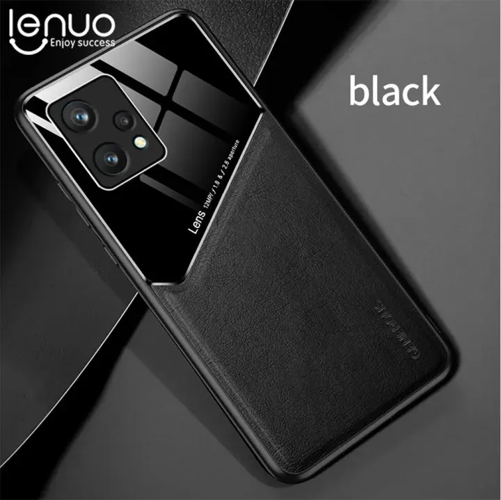 Lenuo for Realme 9 Pro Leather Case Texture Car Magnetic Holder Back Cover Soft