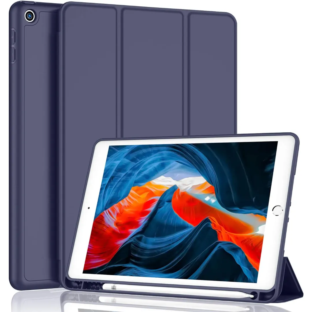 Premium High Quality Smart Flexible Trifold Flip Stand Case Cover With Apple Pencil Holder For Apple Ipad 10.2 Inch 9Th Gen 2021 Cover 8Th Gen 2020 7Th Gen 2019 Generation Case (Black/Blue)