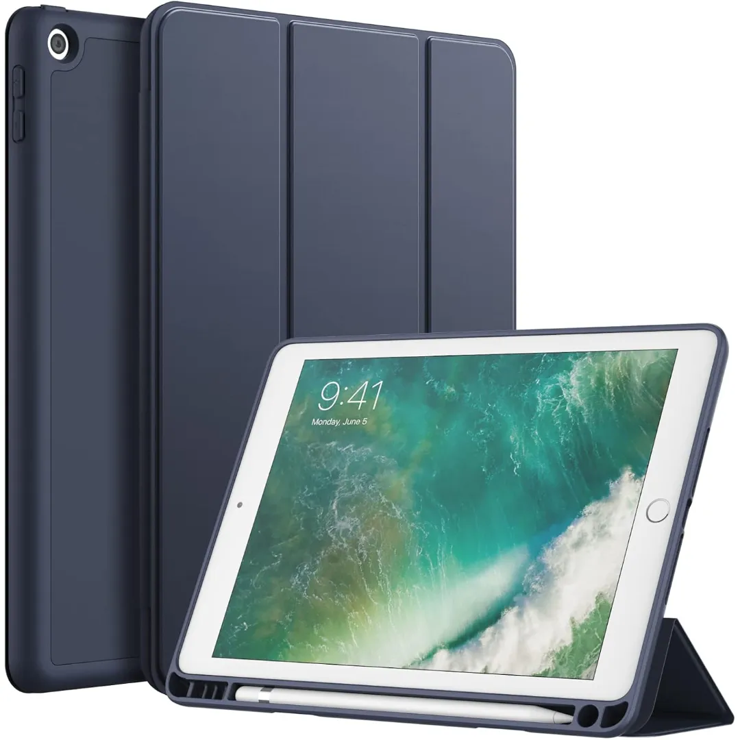 Case For Ipad 9.7-Inch (6Th/5Th Generation, 2018/2017) With Pencil Holder, Slim Tablet Cover With Soft Tpu Back, Auto Wake/Sleep (Black-Blue) A1823 , A1822 , A1954 , A1893 , A1674 , A1675 , A1673