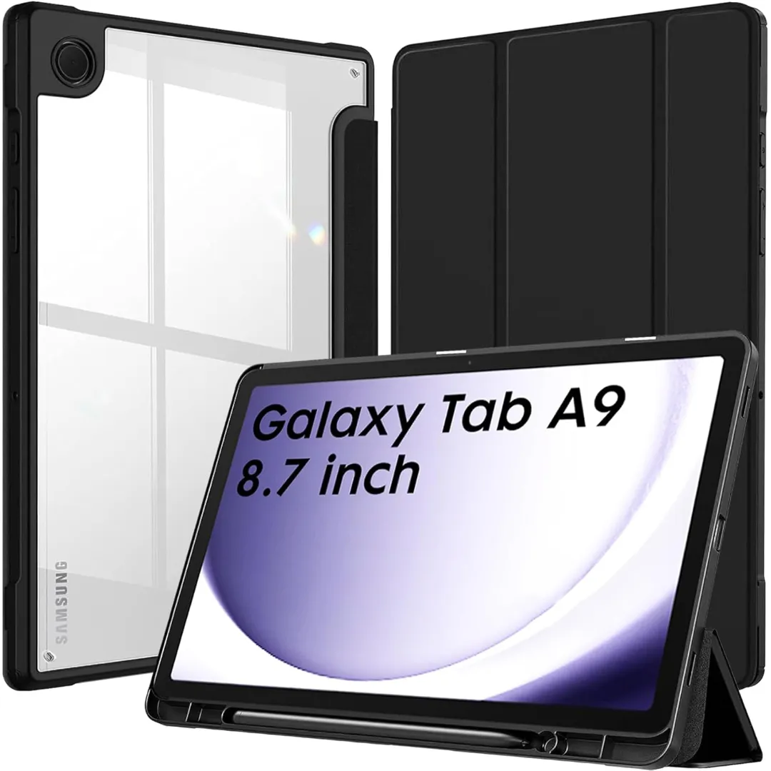 Proelite Cover For Samsung Galaxy Tab A9/A11 8.7 Inch Cover Case, Smart Flip Case Cover For Samsung Galaxy Tab A9/A11 8.7 Inch With S Pen Holder, Black & Dark Blue [Transparent Back]