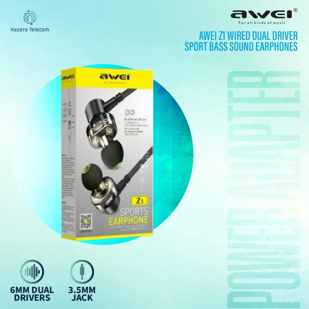 AWEI Z1 Wired Earphone Dual Driver Headset Sport Bass Sound Earphones With Mic  MP3 3.5mm Jack - Price in Bangladesh