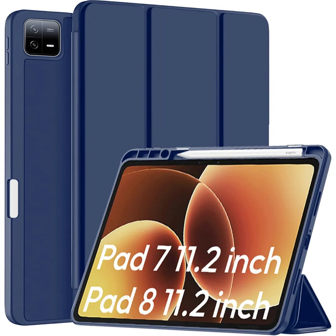 Flip Cover For Xiaomi Mi Pad 7 / Pad 7 Pro / Pad 8 / Pad 8 Pro 11.2 Inch Tablet Trifold Stand Case With Pencil Holder (Black-Blue)