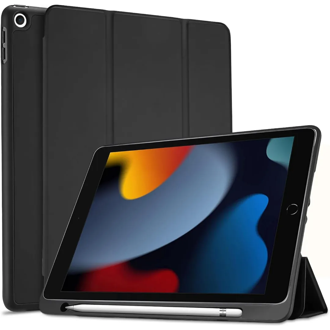 Premium Flip Case Compatible With Ipad 10.2 Inch 2021/2020 Ipad 9Th/8Th Generation & 2019 Ipad 7Th Generation With Pencil Holder, Protective Case With Soft Tpu Back, Auto Sleep/Wake Cover, Black/Blue