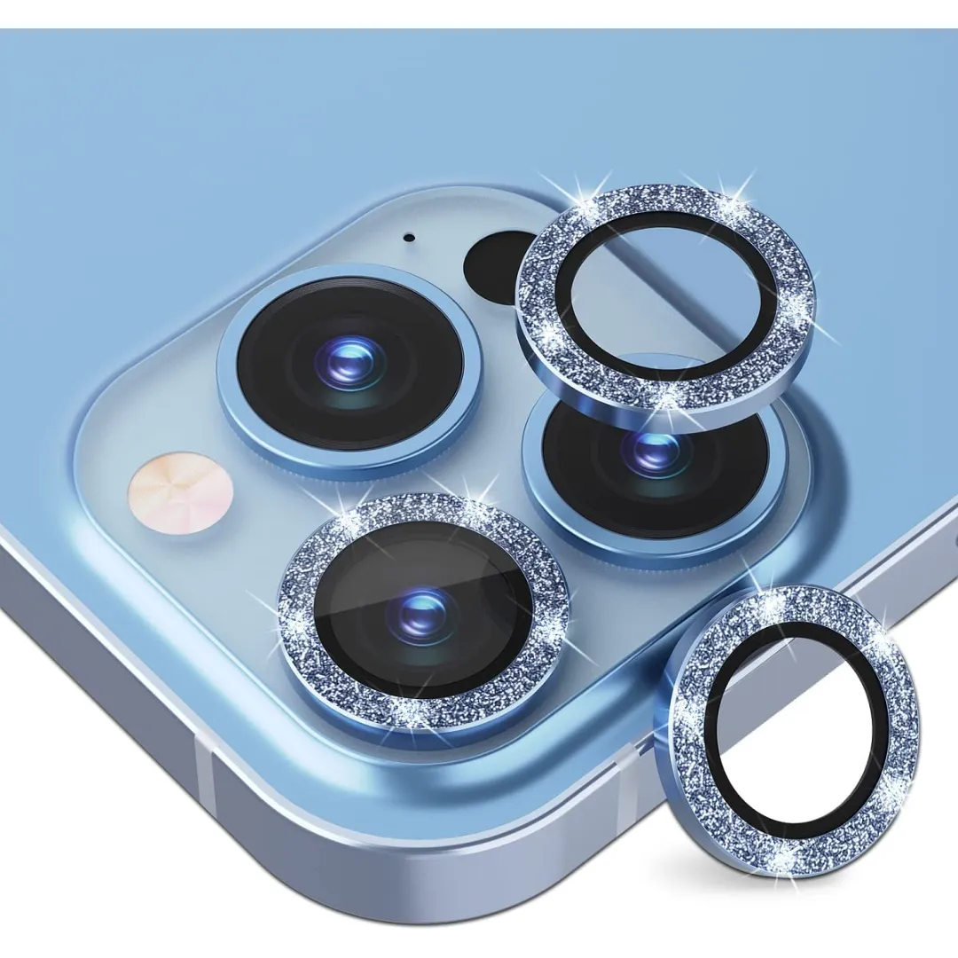 For Apple Iphone 13 Pro/ Iphone 13 Pro Max Camera Lens Protector, Bling Glitter Diamond Lens Cover 9H Tempered Glass Camera Cover Anti Scratch Shockproof Screen Protector Individual Metal Lens Ring - 3Pcs Glitter (Sierra Blue)