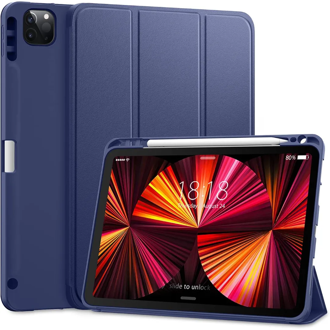 Case For 11 Inch Ipad Pro 4Th/3Rd Generation 2022/2021, Trifold Stand Protective Case With Pencil Holder, Auto Sleep/Wake, Soft Slim Tpu Back Cover, For Ipad 11" Pro 2Nd 1St Gen 2020 2018 - Black - Blue