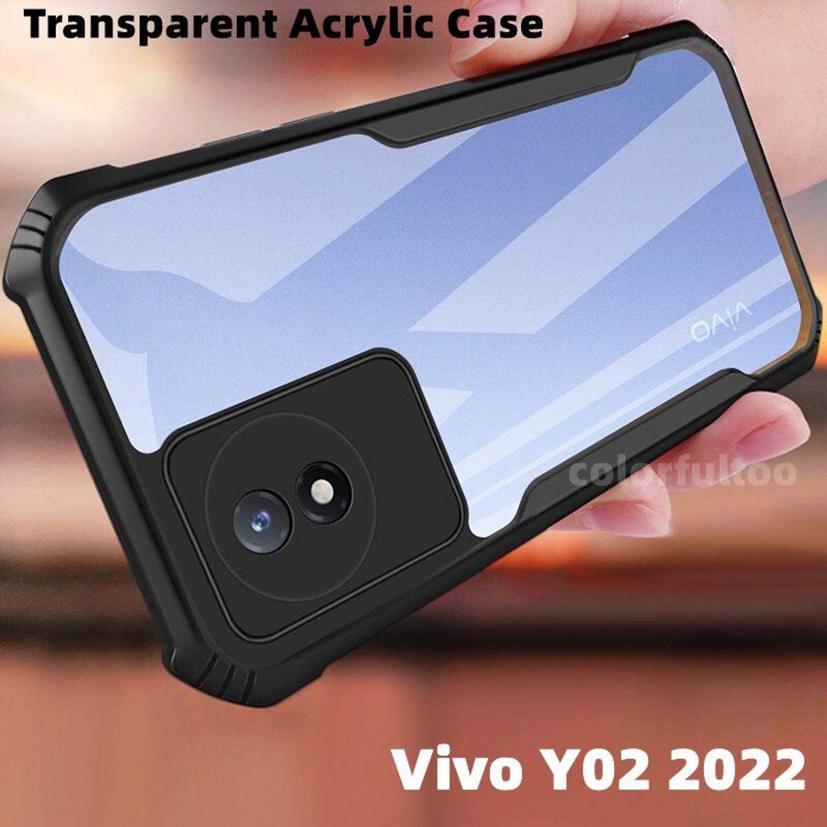 Vivo Y02 2022 Shockproof Hard Case For Vivo Y02 Y 02 VivoY02 Phone Case Transparent Acrylic PC TPU Soft Case Camera Protective Bumper Back Cover Casing